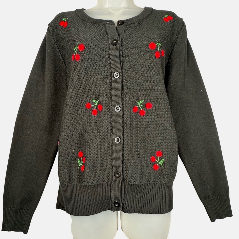 Belle Poque Cherry Cardigan Womens L Black Embroidered Retro Rockabilly Pinup